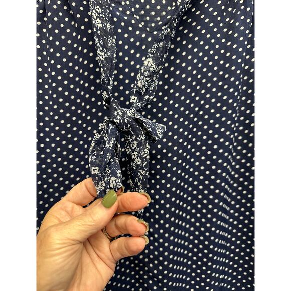 Anthro 11:1 TYLHO Navy Polka Dot Tie-Neck Dress L Breezy Retro Style Old Money - Picture 4 of 11